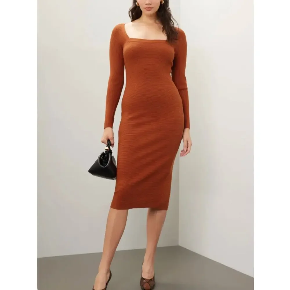 Toccin Rust Brown Midi Ribbed Knit Dress SMALL Career Bodycon Work Designer $325 - Picture 3 of 14